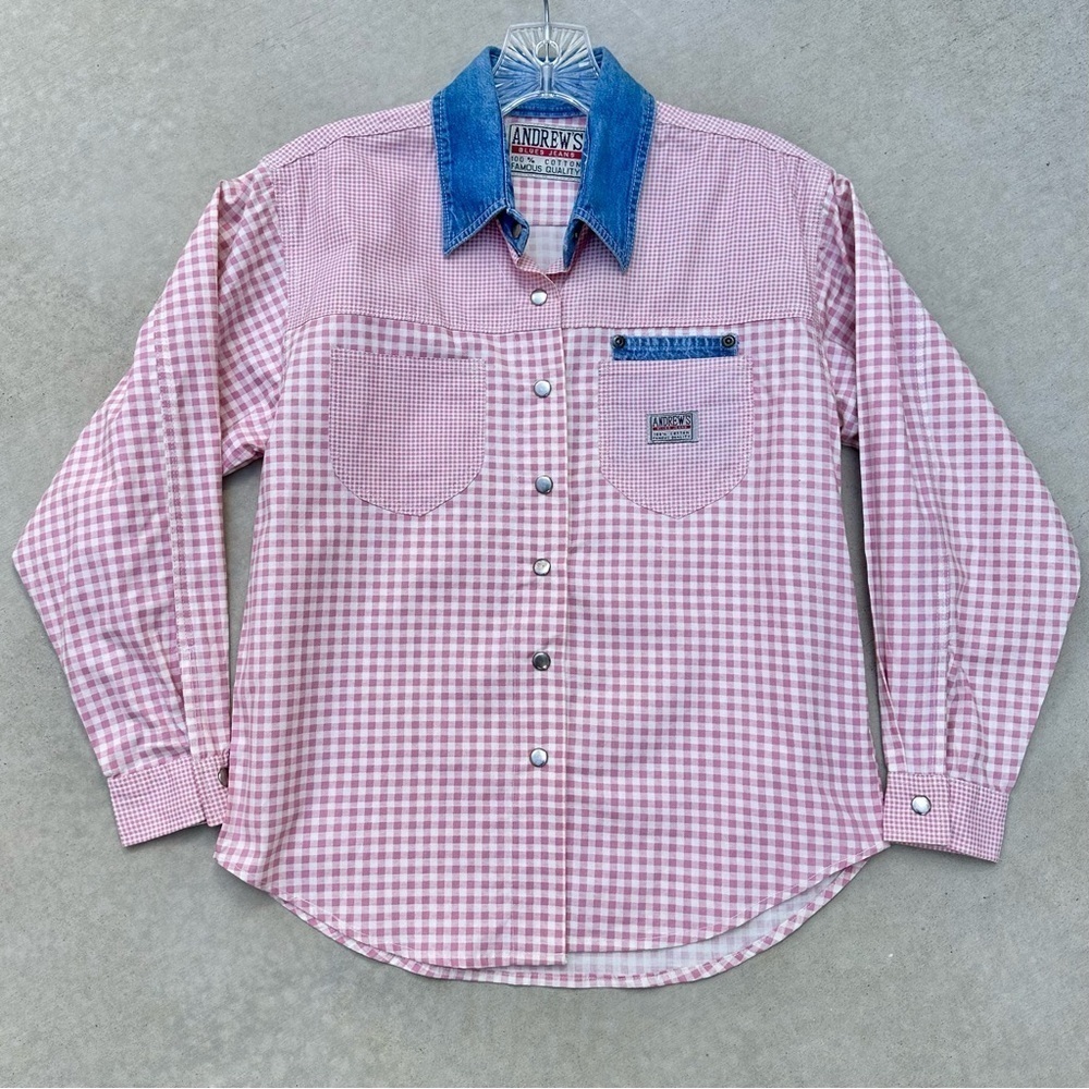 Vintage Andrews Blue Jeans Pink Plaid Long Sleeve Button Front Collared Shirt
